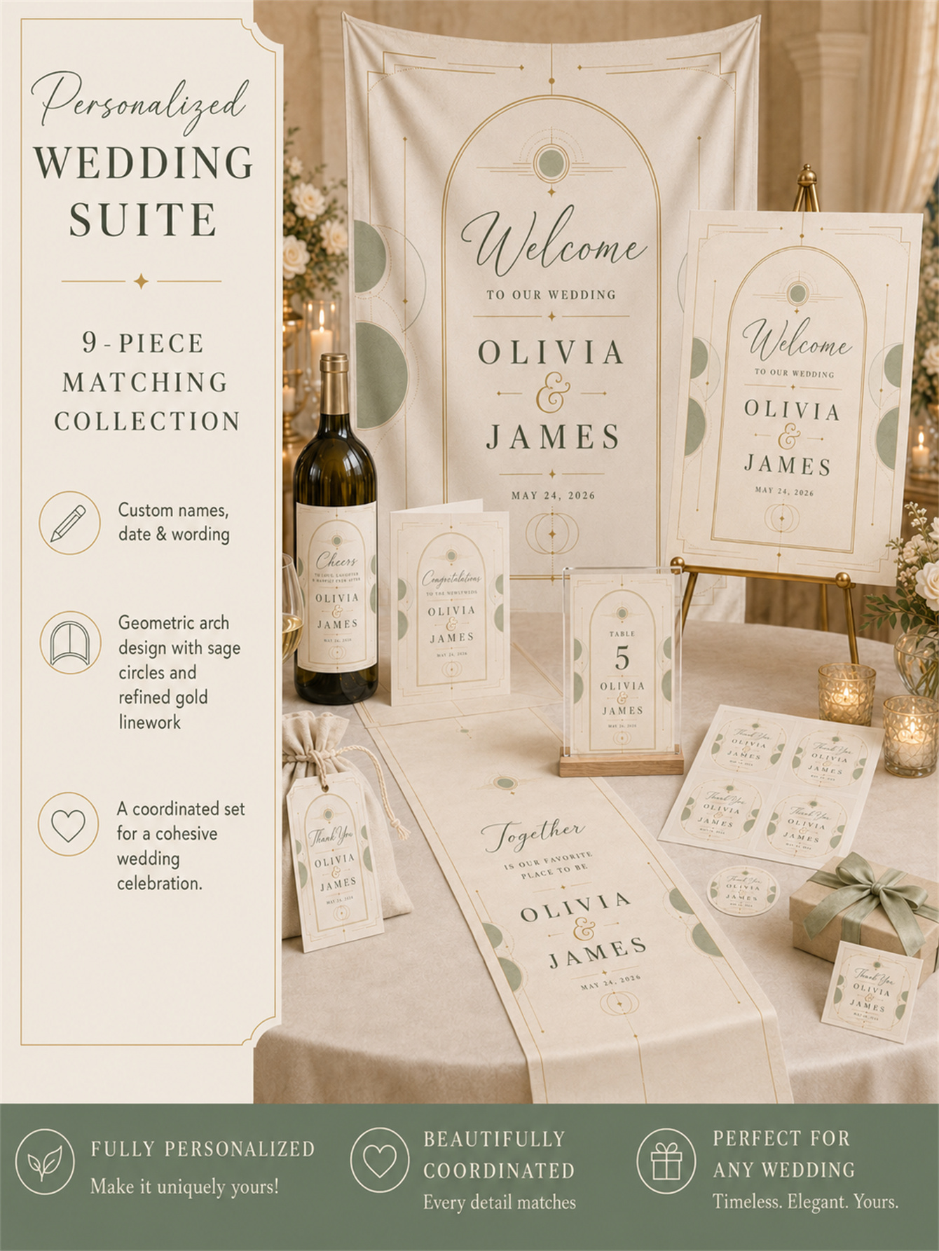 The geometric arch design in sage green and soft gold wedding decorations - a romantic and elegant wedding - customizes names and dates